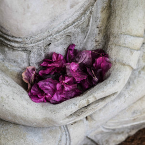 Statue with flower petals in lap
